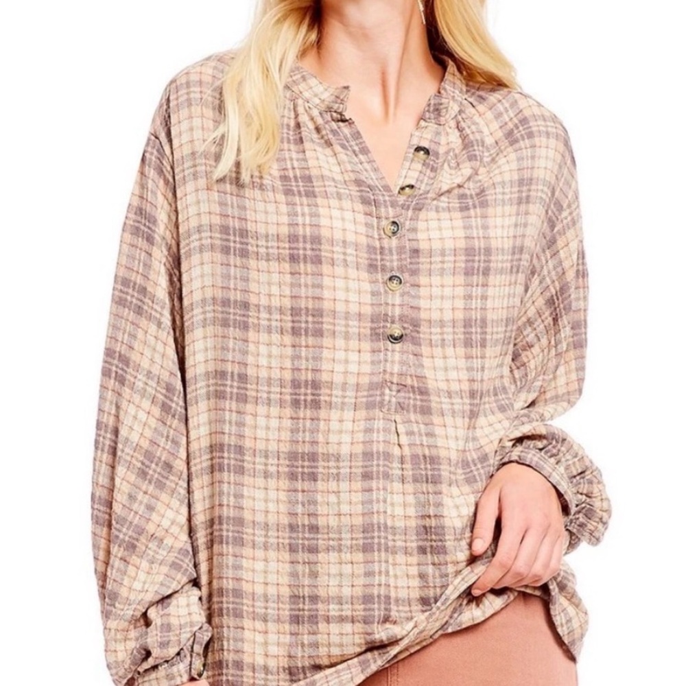 Free People Northern Bound Pullover Plaid Button-Front Shirt in Beige and Taupe
